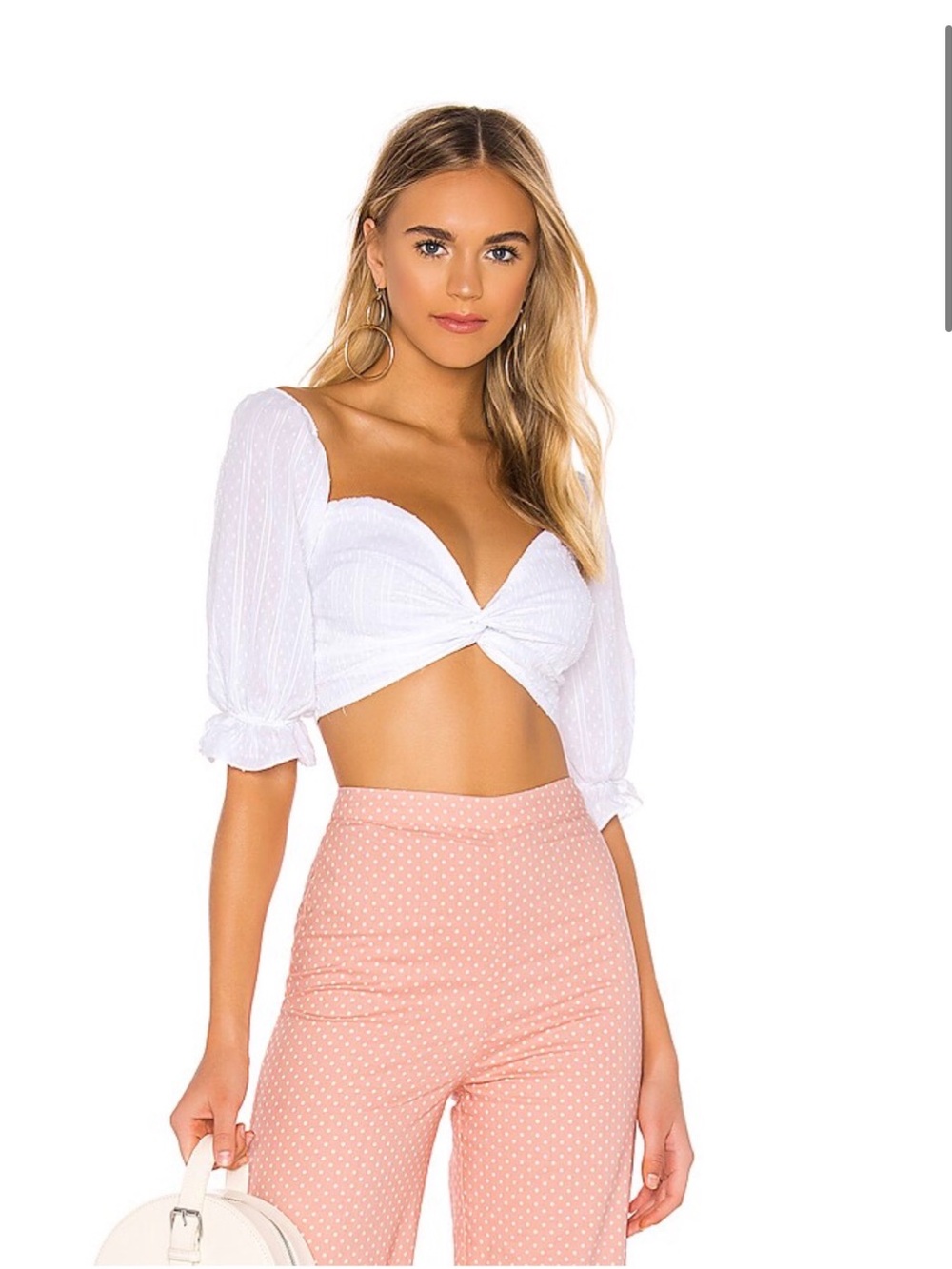 MAJORELLE White Twist-Front Puff Sleeve Crop Top